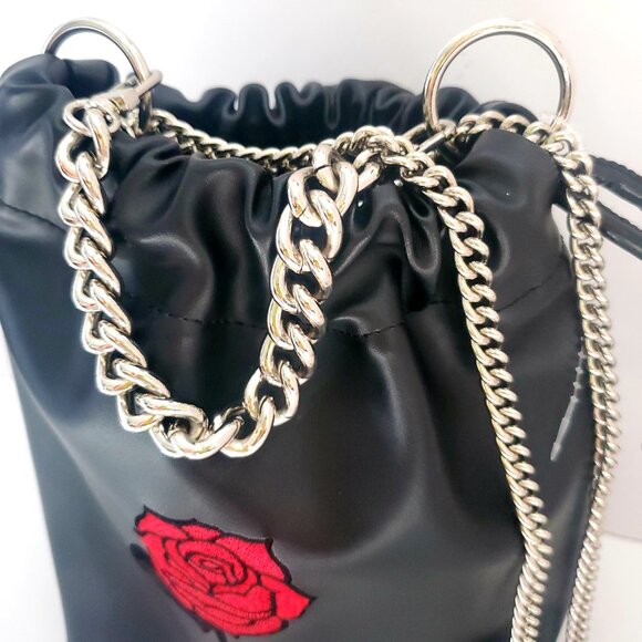 NEWER Faux Leather Black Bucket Crossbody Bag Silver Chain Embroidered Rose - Picture 3 of 13